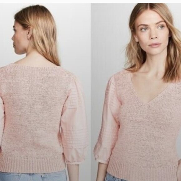 la vie rebecca taylor poplin blouse babydoll top peach pink knit v-neck preppy - Picture 6 of 14